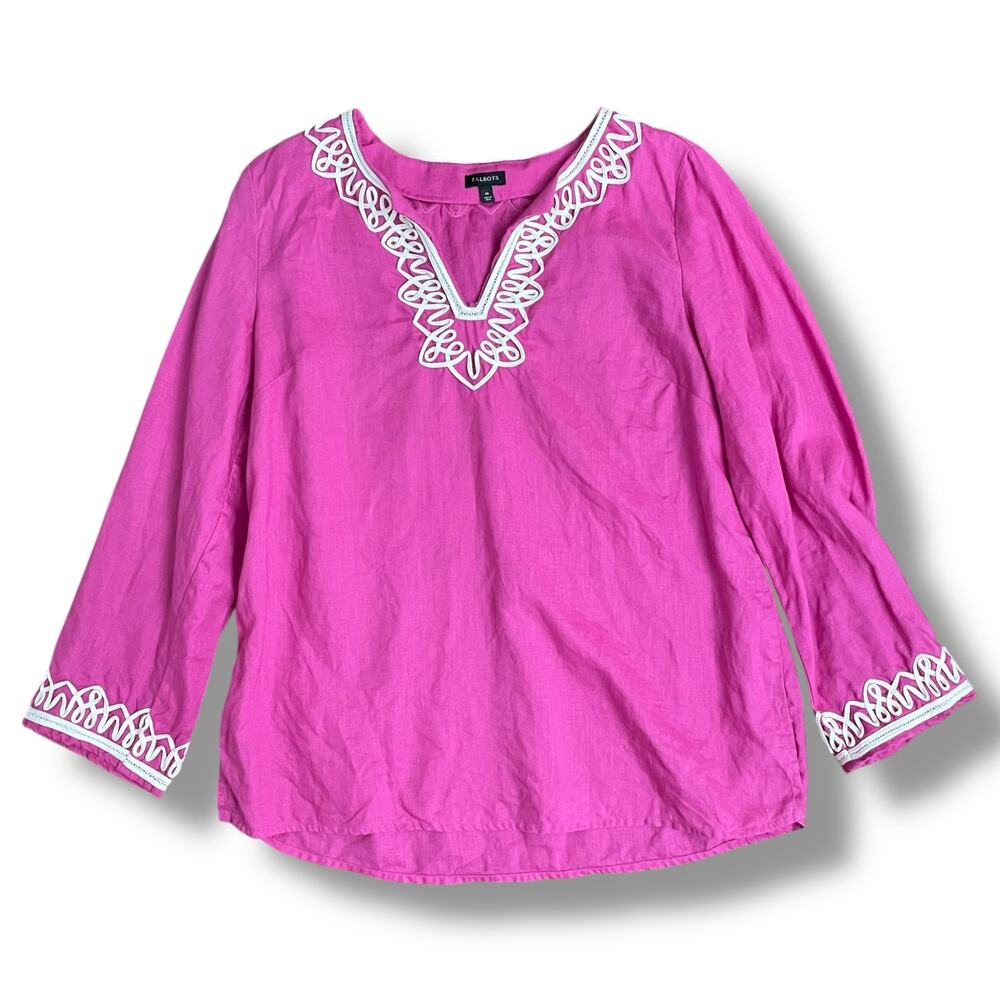 Talbots Pink Linen Embroidered Tunic Top Women’s M Boho Resort Split Neck